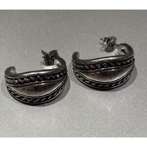 Vintage RMN Silver Tone Antiqued Rope Half Hoop Earrings J-Hoop Pierced
